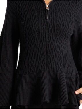 Women’s Black Cable-Knit V-Neck Peplum Sweater with Zip